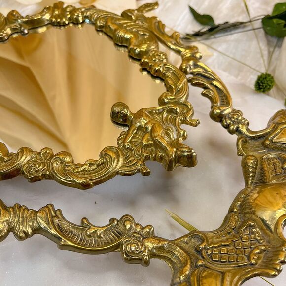 French Brass Standing Vanity Mirror - Picture 2 of 6